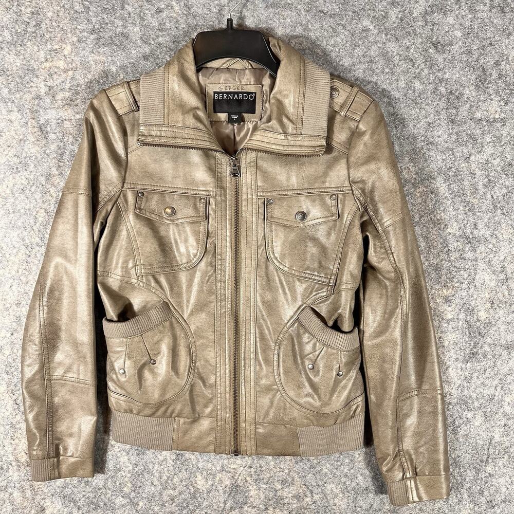 BERNARDO Faux Leather Distressed Bomber Jacket Size Small Gray Color